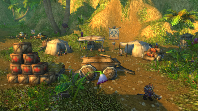 Ogre camp with bonfire in a dusty canyon